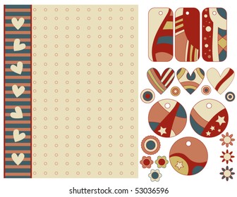 Colorful vector background, tags, hearts and flowers