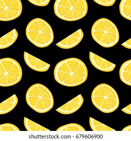 Colorful vector background with tasty fresh lemons on black. Seamless vector pattern