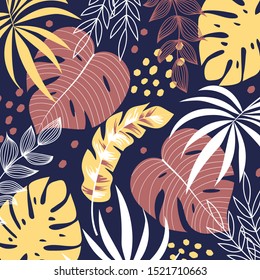 Colorful vector background with tropical plants. Hand draw texture. Vector template. Summer background with exotic leaves. Exotic wallpaper, Hawaiian style.