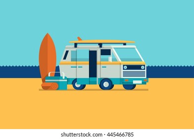 colorful vector background with a van on the beach