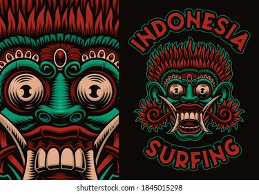 A colorful vector Bali mask, this design can be used as a shirt print, as an illustration for a surfboard, and for many other uses.