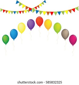 Colorful vector balloons arch and celebrate flags, Isolated on white background. red, green, yellow, pink, blue, orange, perple and brown vector balloons for greeting card design decoration.