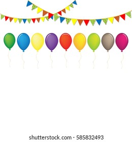 Colorful vector balloons and celebrate flags Isolated on white background. red, green, yellow, pink, blue, orange, perple and brown vector balloons for greeting card design decoration.