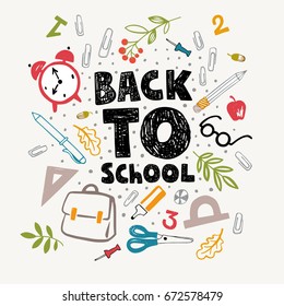 Colorful vector banner. Back to school illustration with school supplies