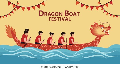 colorful vector banner celebrating the Dragon Boat Festival (Duanwu Jie). Features dragon boats racing, Zongzi, lanterns and festive decor. Ideal for web graphics and greetings.