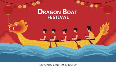 colorful vector banner celebrating the Dragon Boat Festival (Duanwu Jie). Features dragon boats racing, Zongzi, lanterns and festive decor. Ideal for web graphics and greetings.