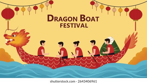 colorful vector banner celebrating the Dragon Boat Festival (Duanwu Jie). Features dragon boats racing, Zongzi, lanterns and festive decor. Ideal for web graphics and greetings.