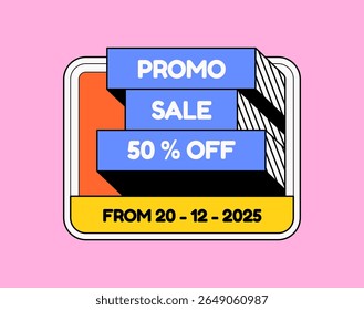 Colorful vector banner design announcing a "Promo Sale 50% Off" Features bold 3D-style typography on a geometric background  for digital marketing, seasonal offers, or retail promotions