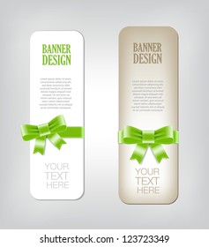 Colorful vector banners decorated with green silky ribbon bows