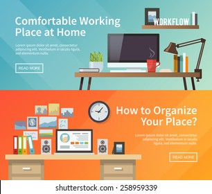 Colorful vector banners set. Workplace. Workspace. Quality design illustration, elements and concept. Flat style.#1