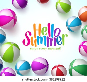 Colorful Vector Beach Balls Background in White with Hello Summer Title in Center. 3D Realistic Vector Illustration
