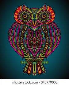 Colorful vector beautiful hand drawn ornate  owl in zentangle style for  t-shirt, bag, postcard, poster.