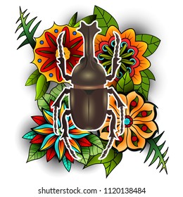 Colorful vector of big beetle with horns, wings. Vector Rhino beetle flying. Flower background. Insect isolated