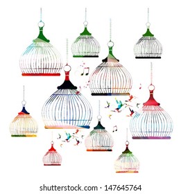 Colorful vector bird cages pattern with hummingbirds