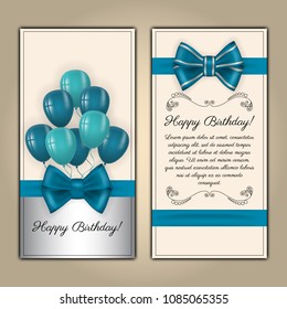 Colorful vector birthday card with text space. Decorated with ribbon, bow and balloons on light background