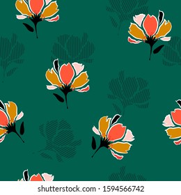 Colorful Vector blooming flower botanic silhouette floral seamless pattern on modern floral silhouette stripe delicate mood wallpaper on dark green background