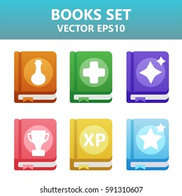 Colorful vector books with gaming symbols. Ready assets set for game design and web application.