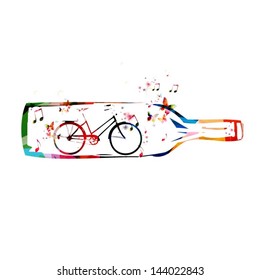 Colorful vector bottle with bicycle inside background with butterflies