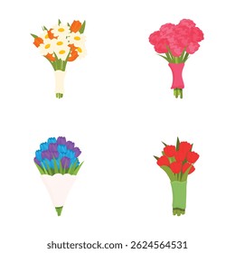 Colorful vector bouquets collection with daffodils, roses, tulips, and hyacinths on a vibrant, springtime background, perfect for floral graphic design and natureinspired illustrations