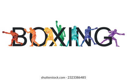 Ilustración colorida de boxeo vectorial. Siluetas brillantes de los hombres boxeadores