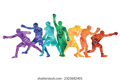 Colorful vector boxing illustration. Bright silhouettes of boxers men. Fighter.