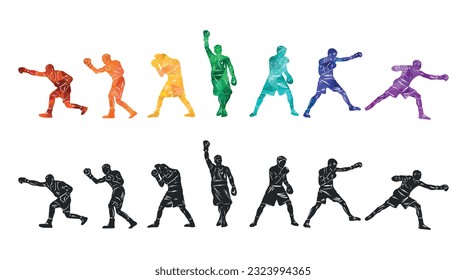Colorful vector boxing illustration. Bright silhouettes of boxers men. Fighter.