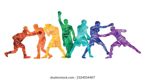  Colorful vector boxing illustration. Bright silhouettes of boxers men. Fighter.