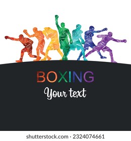 Colorful vector boxing illustration. Bright silhouettes of boxers men. Fighter.