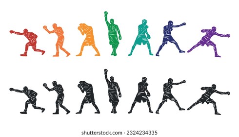 Ilustración colorida de boxeo vectorial. Silhouettes luminosas de hombres boxeadores. Luchador.