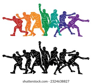 Colorful vector boxing illustration. Bright silhouettes of boxers men. Fighter.