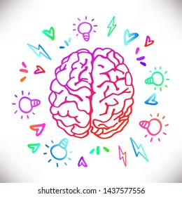 Colorful Vector Brain icon silhouette with light bulbes,hearts and 
lightninges.Top view. Design template for apps and websites.Handdrawn illustration isolated on white background