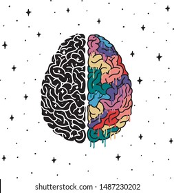 Colorful vector brain illustration, brain hand drawn painting, mind concept drawing with lgbtq and space thoughts