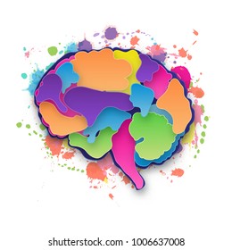 Colorful vector brain illustration, layered cut out colored paper human brain. Paint blob. Creative mind, learning and design concept. Paper carve. Isolated on white