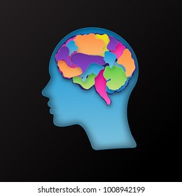 Colorful vector brain illustration, layered cut out colored paper human profile. Creative mind, learning and design concept