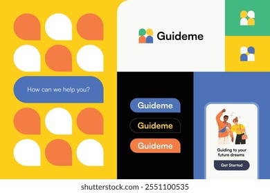 Colorful vector brand guide for 'GuideMe,' showcasing vibrant designs, typography, logo variations, and brand elements. Perfect for branding projects and design inspiration.