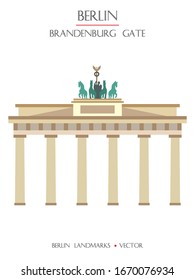 Colorful vector Brandenburg Gate front view, famous landmark of Berlin, Germany. Vector flat illustration isolated on white background. Berlin travel concept. Stock illustration