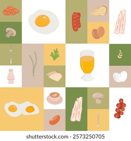 Colorful vector Breakfast yummy food good morning set of elements: toaster, eggs, fresh juice, coffee pot, tea pot, tea cup, bacon