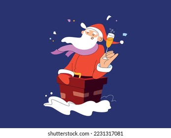 Colorful, vector, bright Christmas card. Santa Claus from a chimney with a glass of champagne in a snowfall. Suitable for postcards, banners, cards Merry Christmas and Happy New Year.