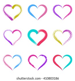 Colorful vector brush strokes hearts outlines valentine illustrations