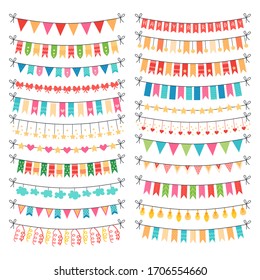 Colorful vector bunting and bright garland set isolated on white