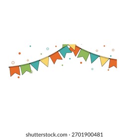 Colorful vector bunting flags arranged in a festive garland with scattered decorative dots. Perfect for party themes, celebrations, festivals, events, invitations, birthday designs.