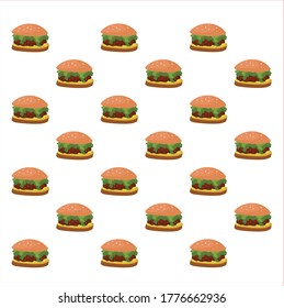 Colorful vector burgers pattern with white background. Small burgers made with love and harmony.