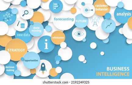 Colorful vector BUSINESS INTELLIGENCE concept with icons and symbols on dark blue background