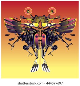 Colorful vector butterfly robot character design and illustration. Character design made from part of motorbike machine. 