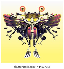 Colorful vector butterfly robot character design and illustration. Character design made from part of motorbike machine. 