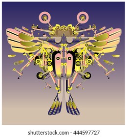 Colorful vector butterfly robot character design and illustration. Character design made from part of motorbike machine. 