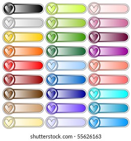 Colorful vector button collection with hearts over white background
