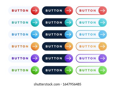 Colorful vector button set on white background. Three style Flat line gradient slide button collection with text and arrow. Vector web element. Round and rectangle shapes