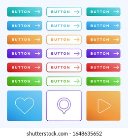 Colorful vector button set on white background. Three style Flat line gradient slide button collection with text and arrow. Vector web element. Round, square and rectangle shapes
