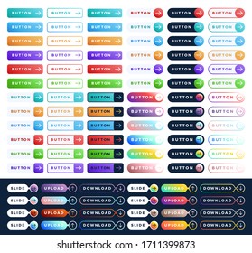 Colorful vector button set on white background. Three style Flat line gradient slide button collection with text and arrow. Vector web element. Round, square and rectangle shapes